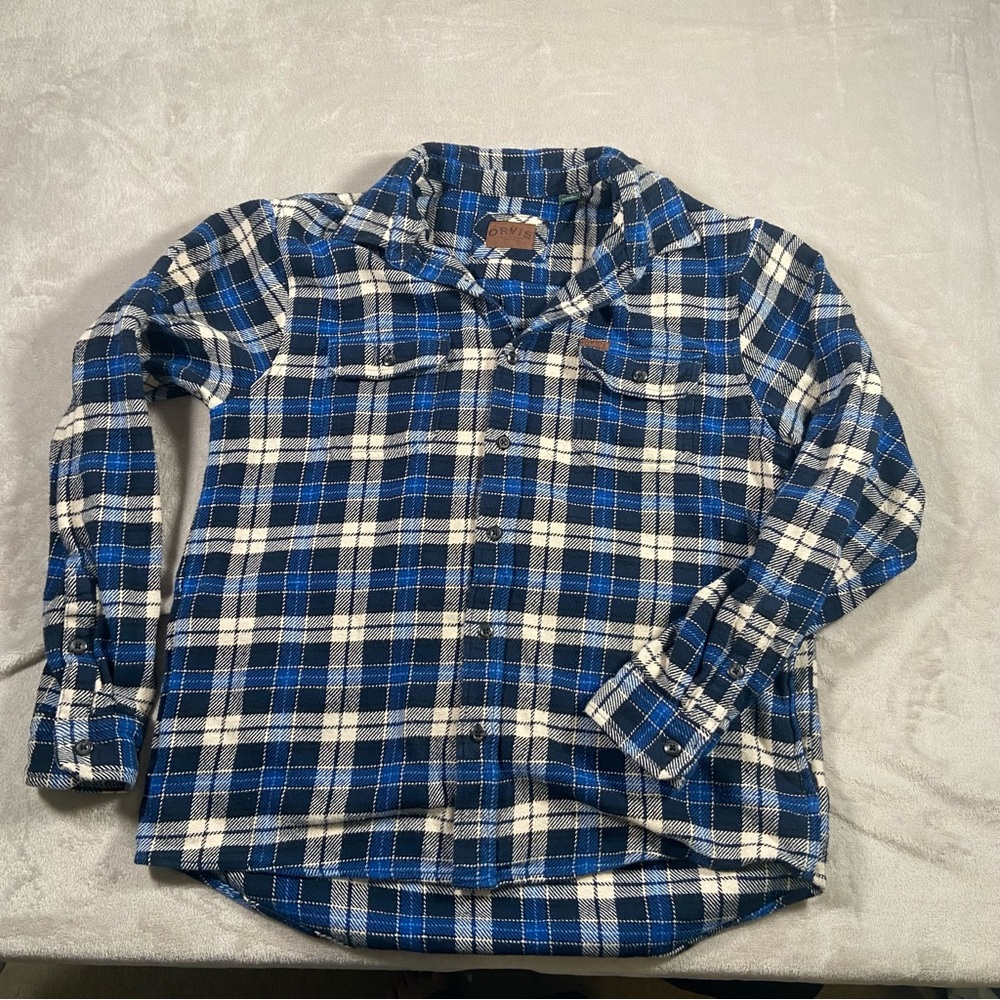 Orvis Blue And White Plaid Thick Flannel Large